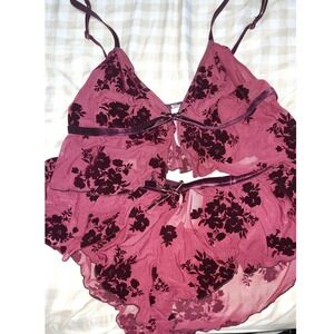 Target Berry Red Velvet Floral Burnout Mesh Lingerie Bralette & Shorts Set L